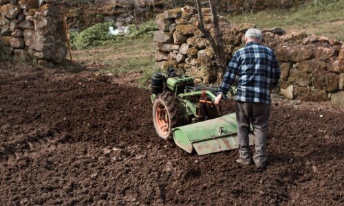 Elderly man using a green tiller in a rustic field with stone walls, embodying traditional farming. - Photo by Zakhar Vozhdaienko on Pexels
